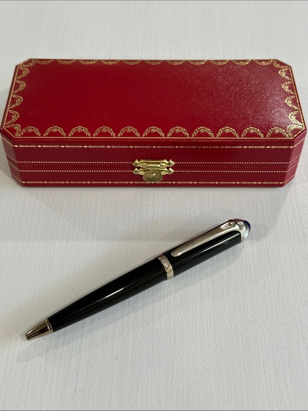 Cartier Black Lacquer Ballpoint Pen with Blue Cabochon